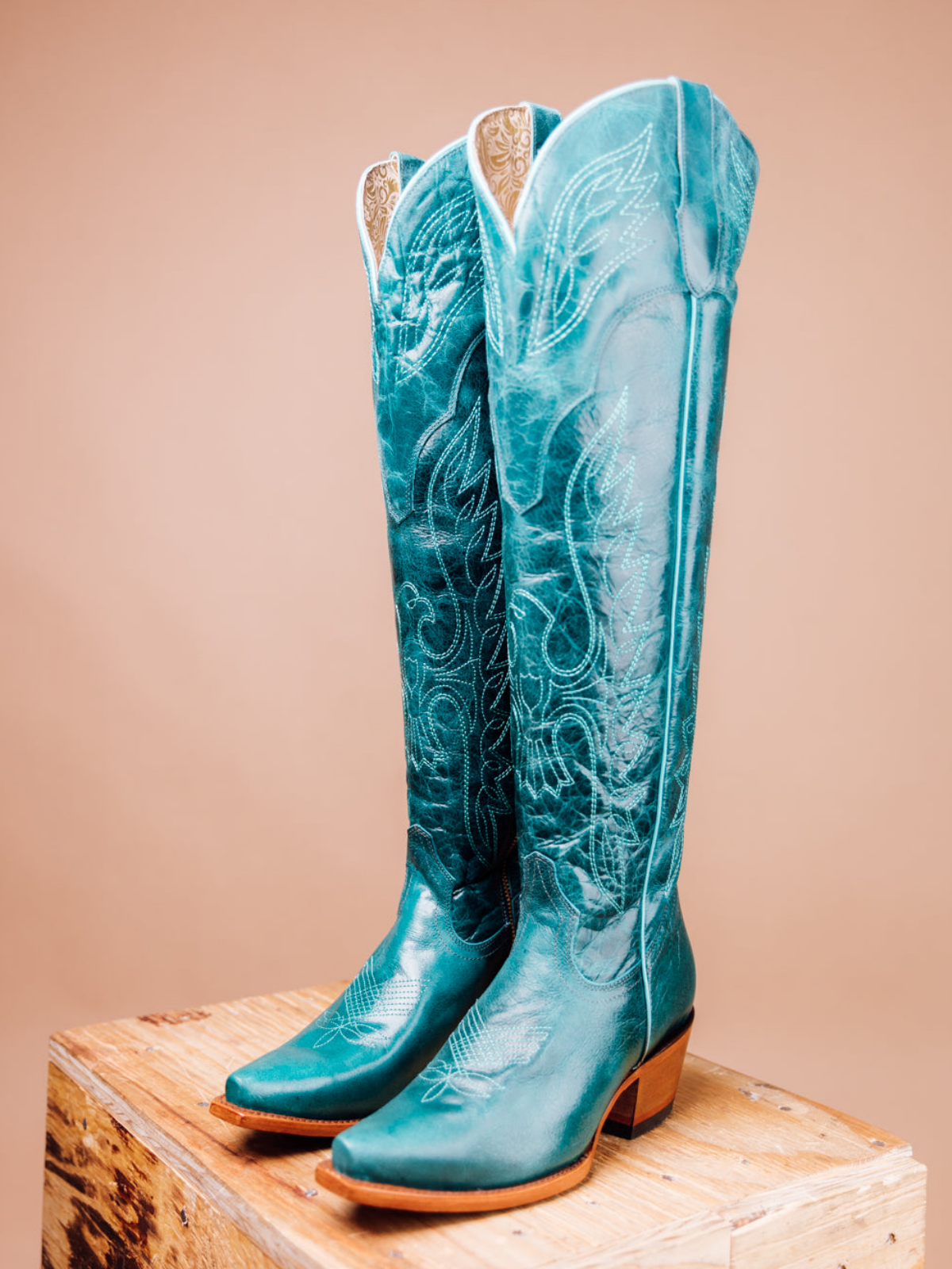 Eagle Embroidery Distressed Snip-Toe Half-Zip Over-The-Knee Tall Cowgirl Boots - Turquoise