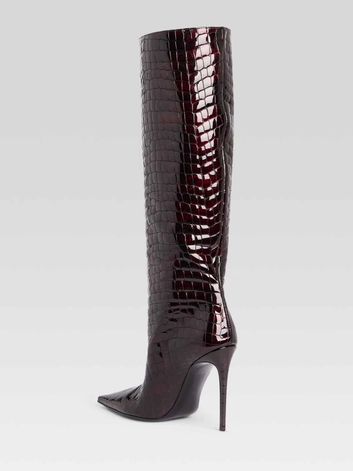 Patent Burgundy Crocodile Print Wide Calf Tall Knee High Boots