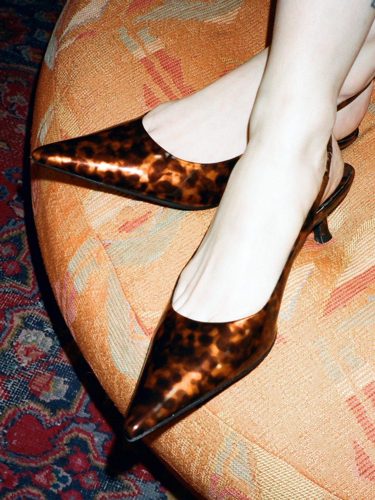 Patent Leopard Print Slip-On Pointed-Toe Slingback Kitten Heel