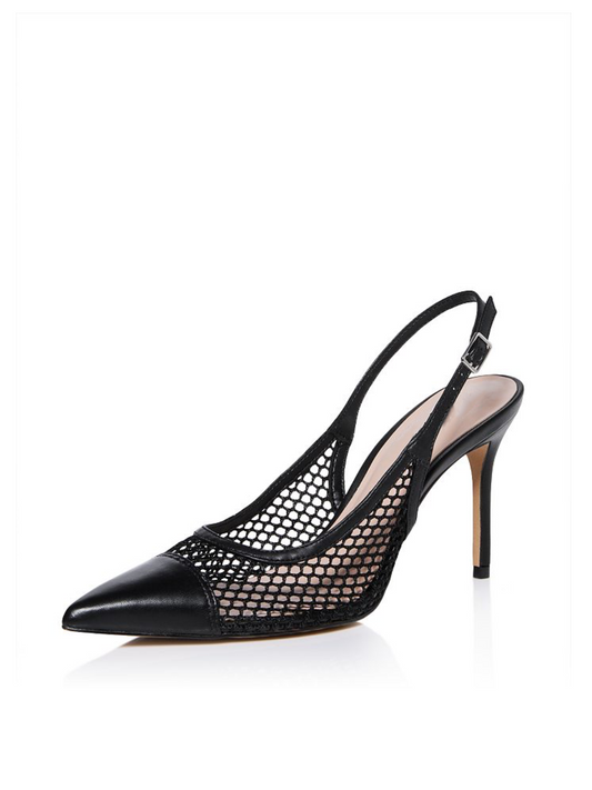 Black Buckle Pointed-Toe Stiletto Heel Slingback Pumps in Mesh & Vegan Leather