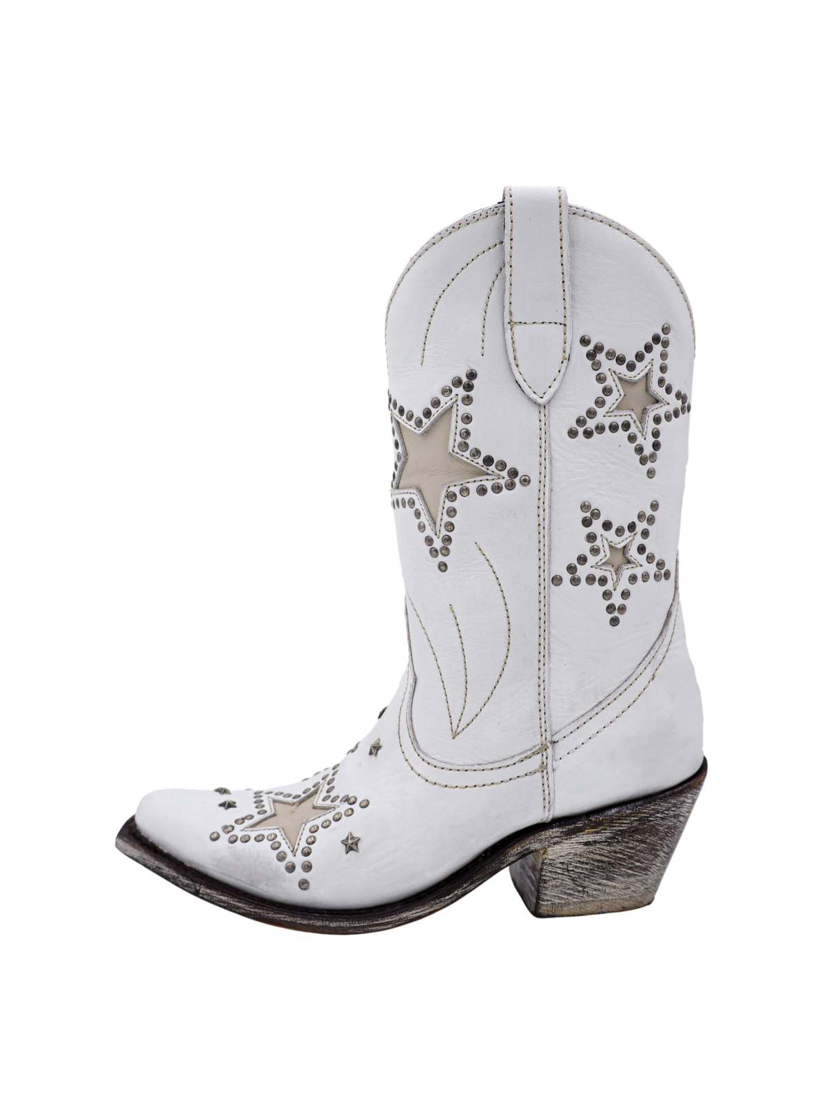 White Almond-Toe Faux Suede Star Inlay And Applique Studded Wide Mid Calf Cowgirl Boots