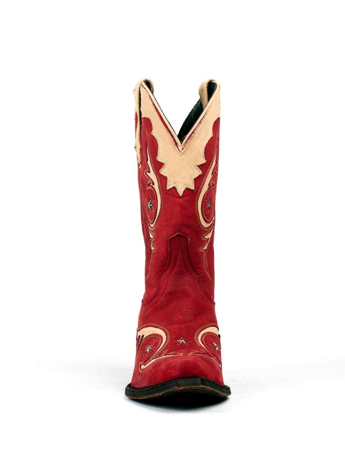 Red Snip-Toe Beige Inlay Metal Star Applique Wide Mid Calf Cowgirl Boots