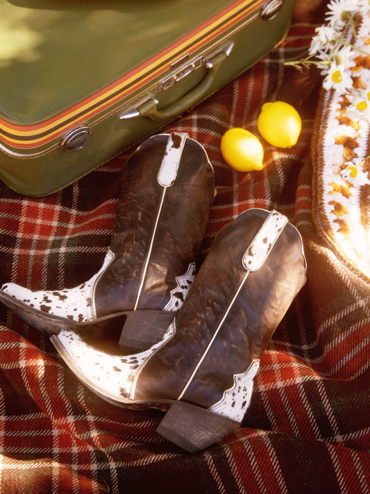 Brown Almond-Toe Horsehair Applique Wide Mid Calf Cowgirl Boots