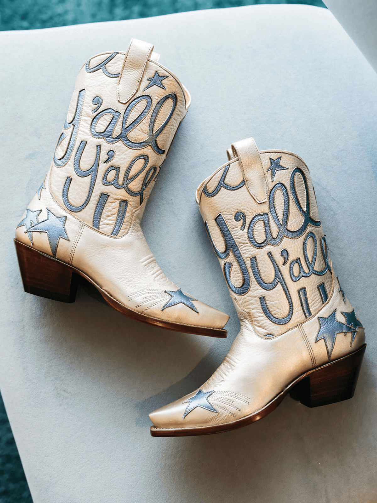 Metallic Ivory Snip-Toe Star And Letters Inaly Applique Wide Mid Calf Cowgirl Boots