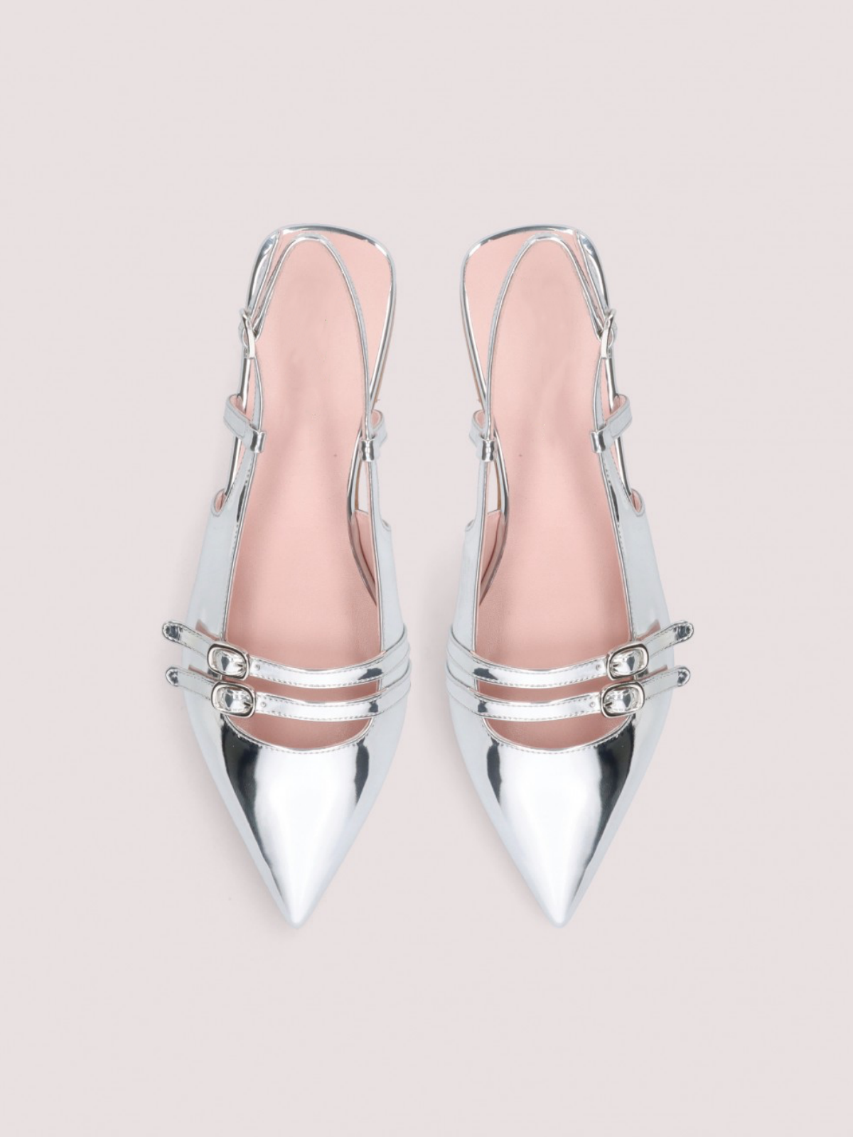 Metallic Silver Pointy Buckled Strappy Slingback Ballet Flats