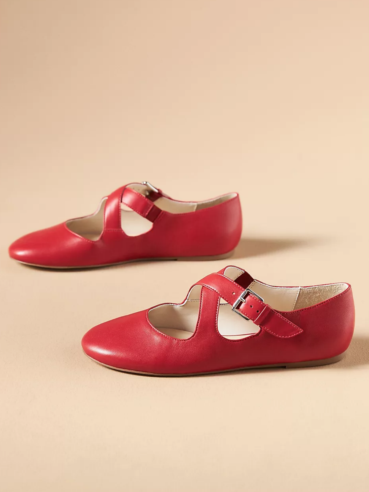 Red Buckled Cross Strap Round-Toe Mary Janes Flats