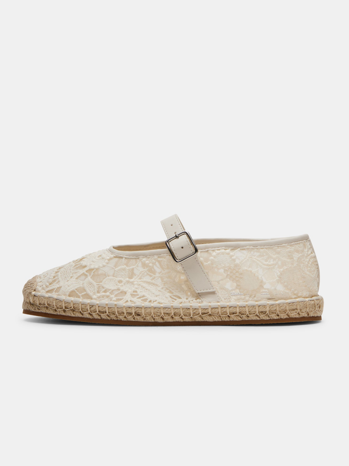 White Round-Toe Bridge Strap Side Buckle Lace Mesh Mary Janes Espadrille Flats