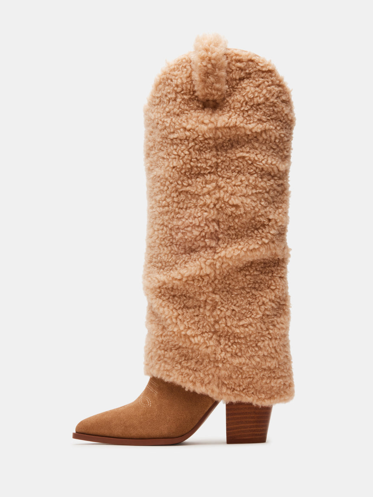 Tan Contrast Faux Suede And Fluffy Fold-Over Wide Mid Calf Tall Cowgirl Boots