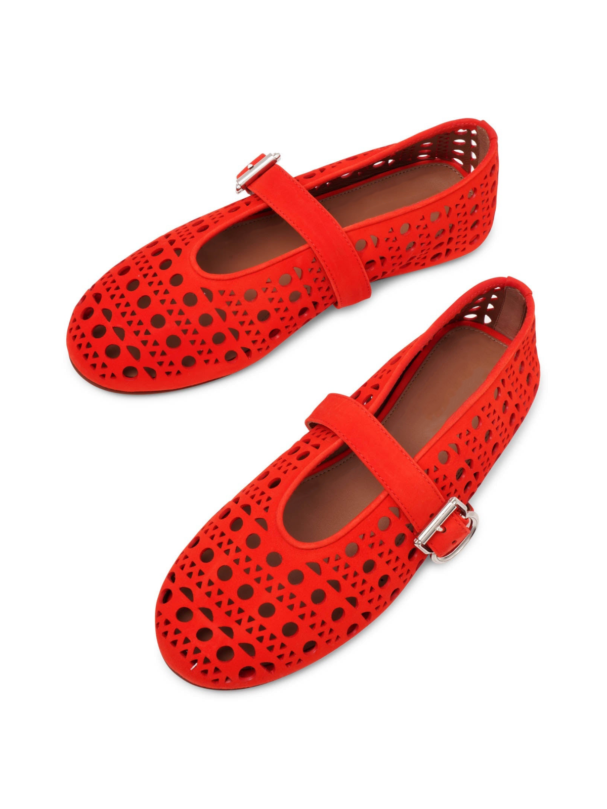 Red Ballet Flats Mary Janes With Perforations And Buckled Strap