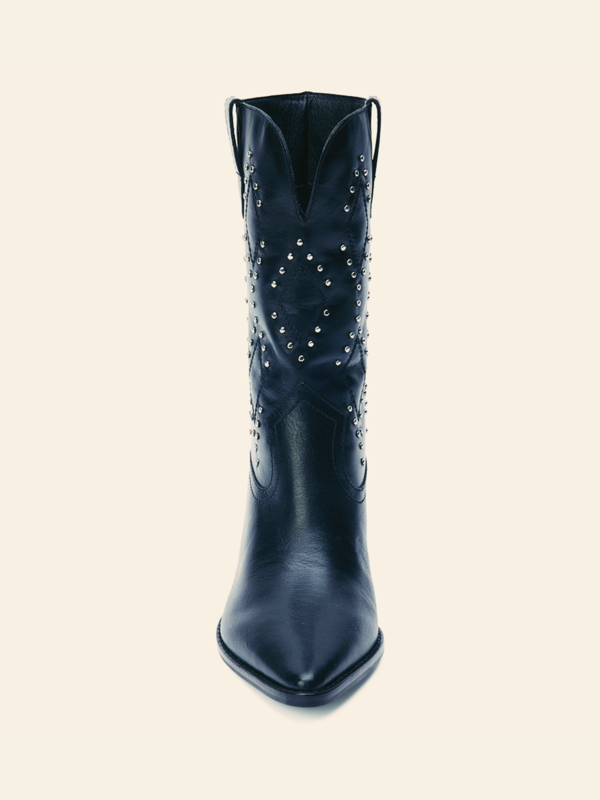 Black Stitch Studded Pointed-Toe Wide Mid Calf Western Boots Cowgirl Boots