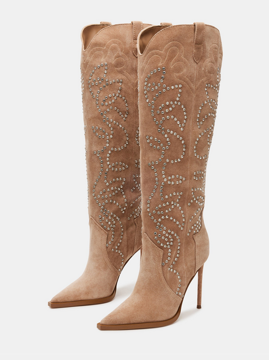 Tan Faux Suede Pointed-Toe Studded Embroidery Wide Mid Calf Stiletto Boots