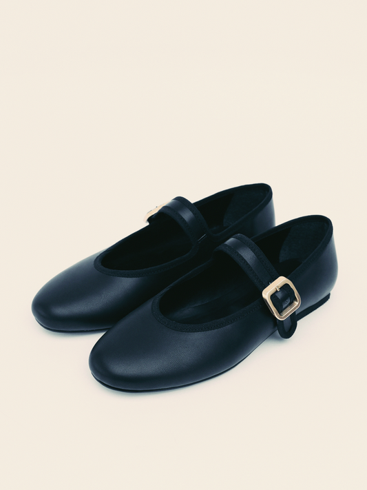 Black Buckled Detailed Oval Ballet Flats Mary Janes With Wide Strap