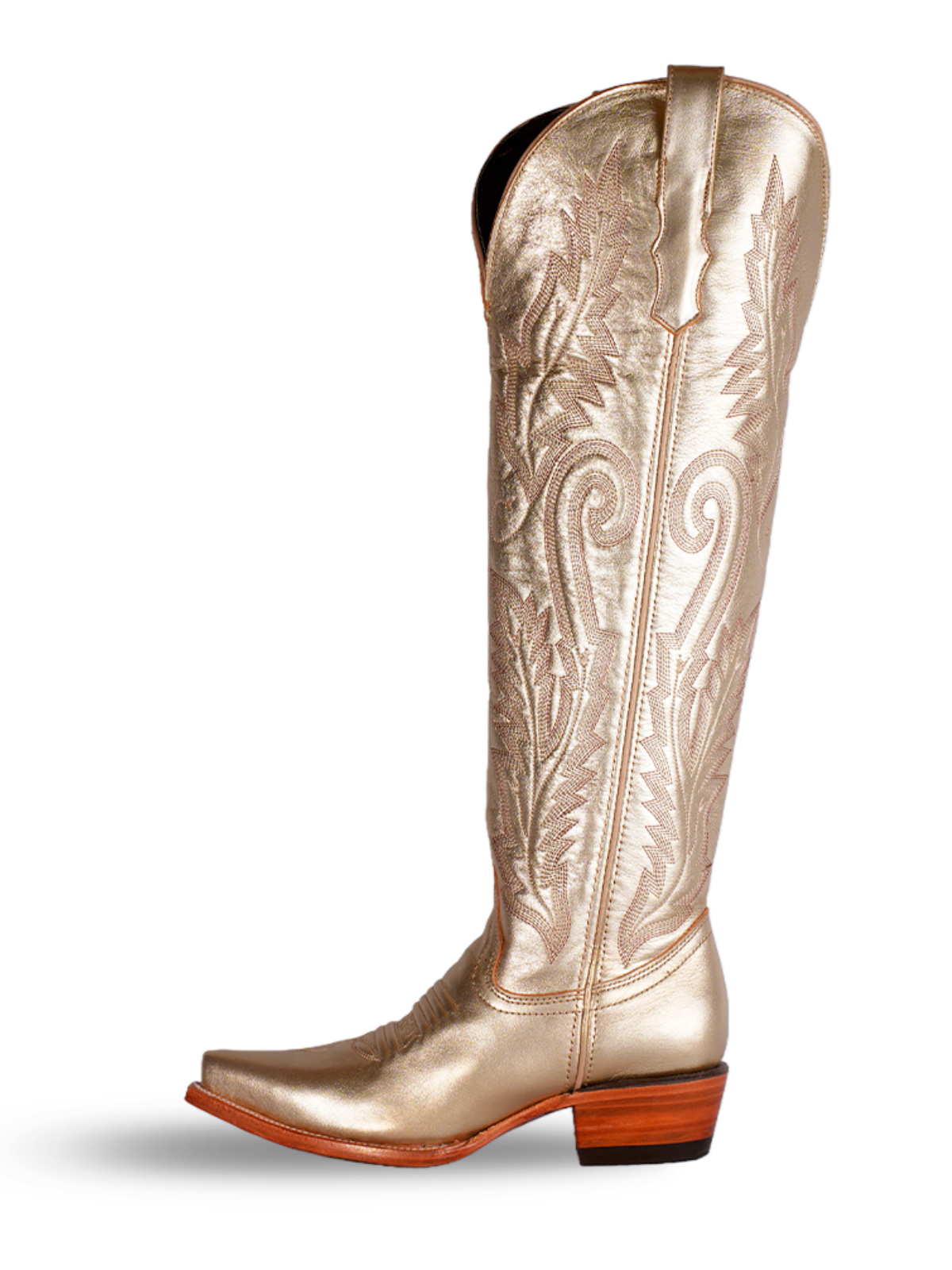 Metallic Gold Snip-Toe Leaf Embroidery Half-Zip Over-The-Knee Cowgirl Boots