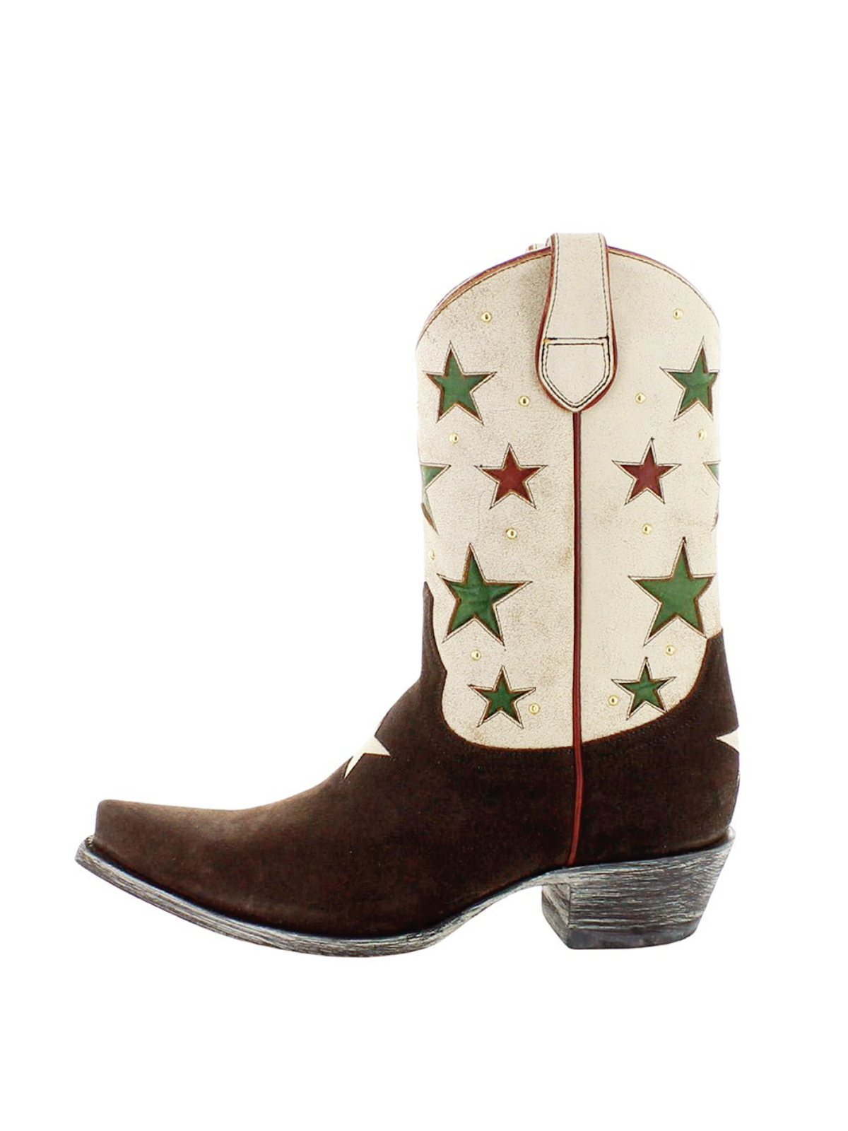 Contrast Dark Brown Faux Suede And Ivory Snip-Toe Studded Star Inlay Wide Mid Calf Cowgirl Boots