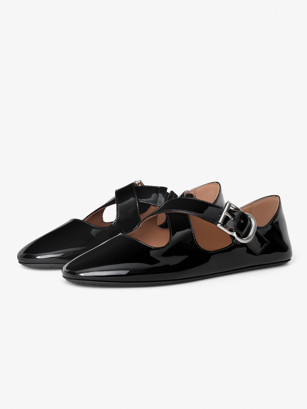 Black Patent Round-Toe Cross Buckle Straps Ballet Flats