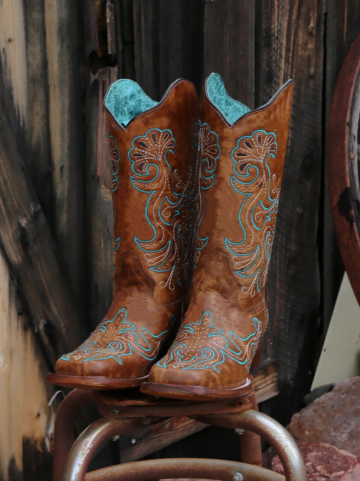 Brown Square-Toe Colorful Embroidery Studded Wide Mid Calf Cowgirl Boots