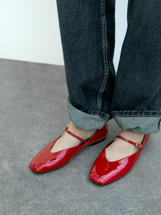 Patent Red Square-Toe Buckle Closure At Instep Mary Janes Flats