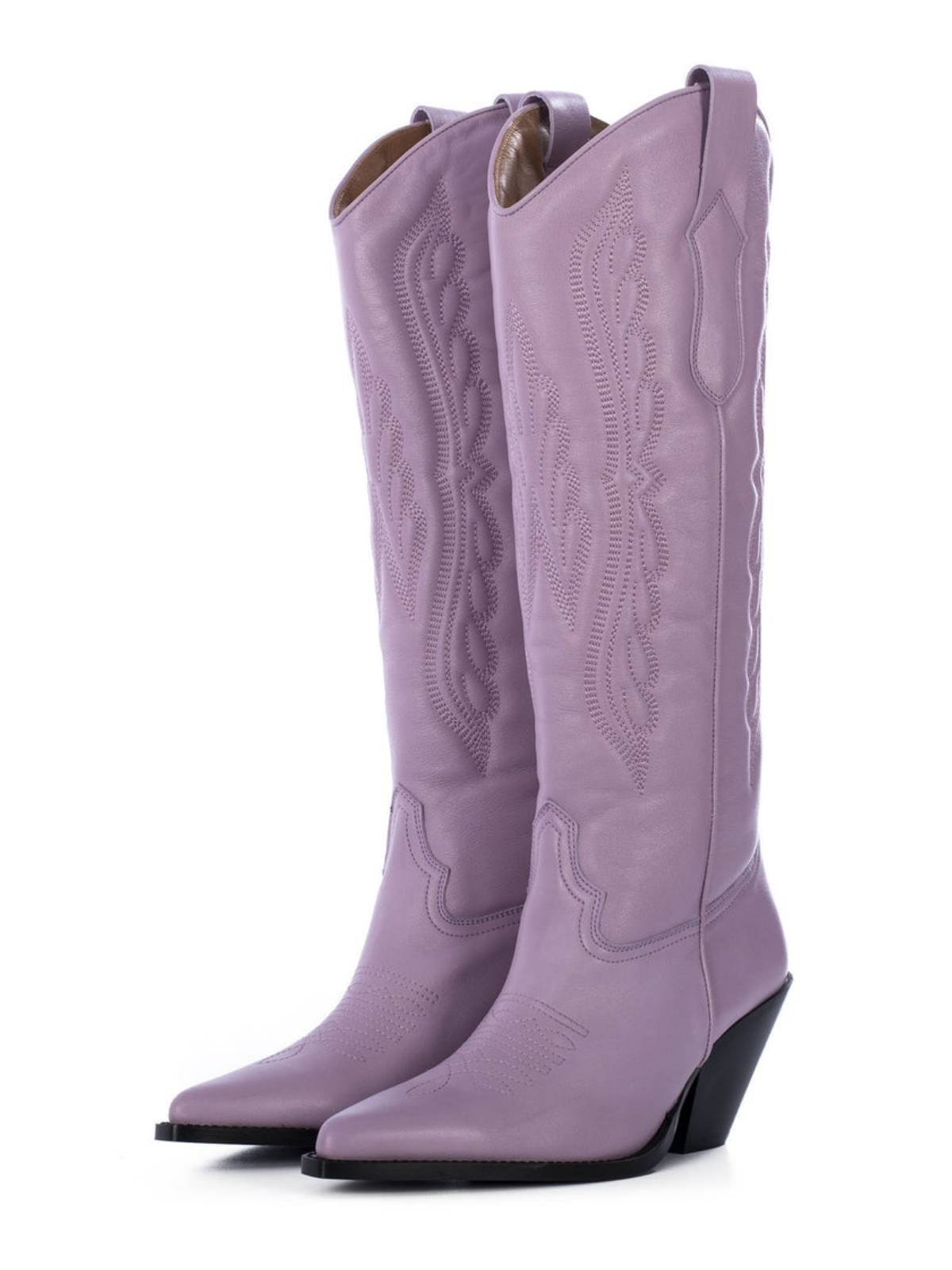 Wing Embroidery Pointed-Toe Wide Calf Tall Knee High Cowgirl Boots - Lilac Purple