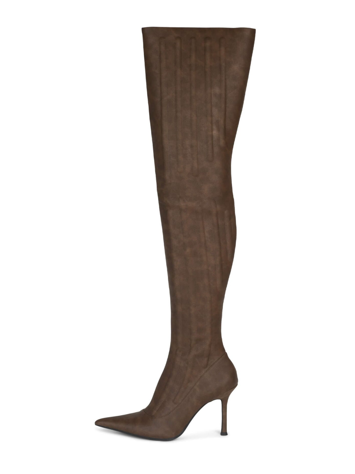 Distressed Brown Pointed-Toe Padded Half-Zip Over-The-Knee Stiletto Boots