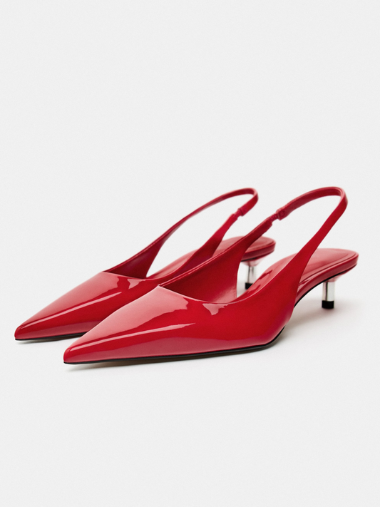 Red Pointy Comfy Kitten Heels Slingback Pumps For Women