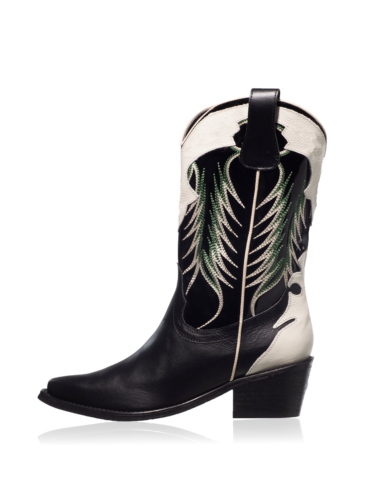 Black Snip-Toe Embroidery White Applique Wide Mid Calf Cowgirl Boots