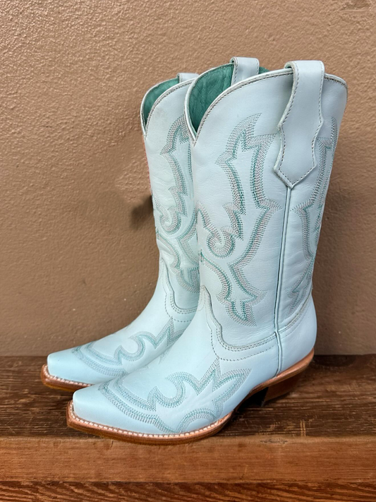 Powder Blue Snip-Toe Embroidery Wide Mid Calf Cowboy Boots For Women