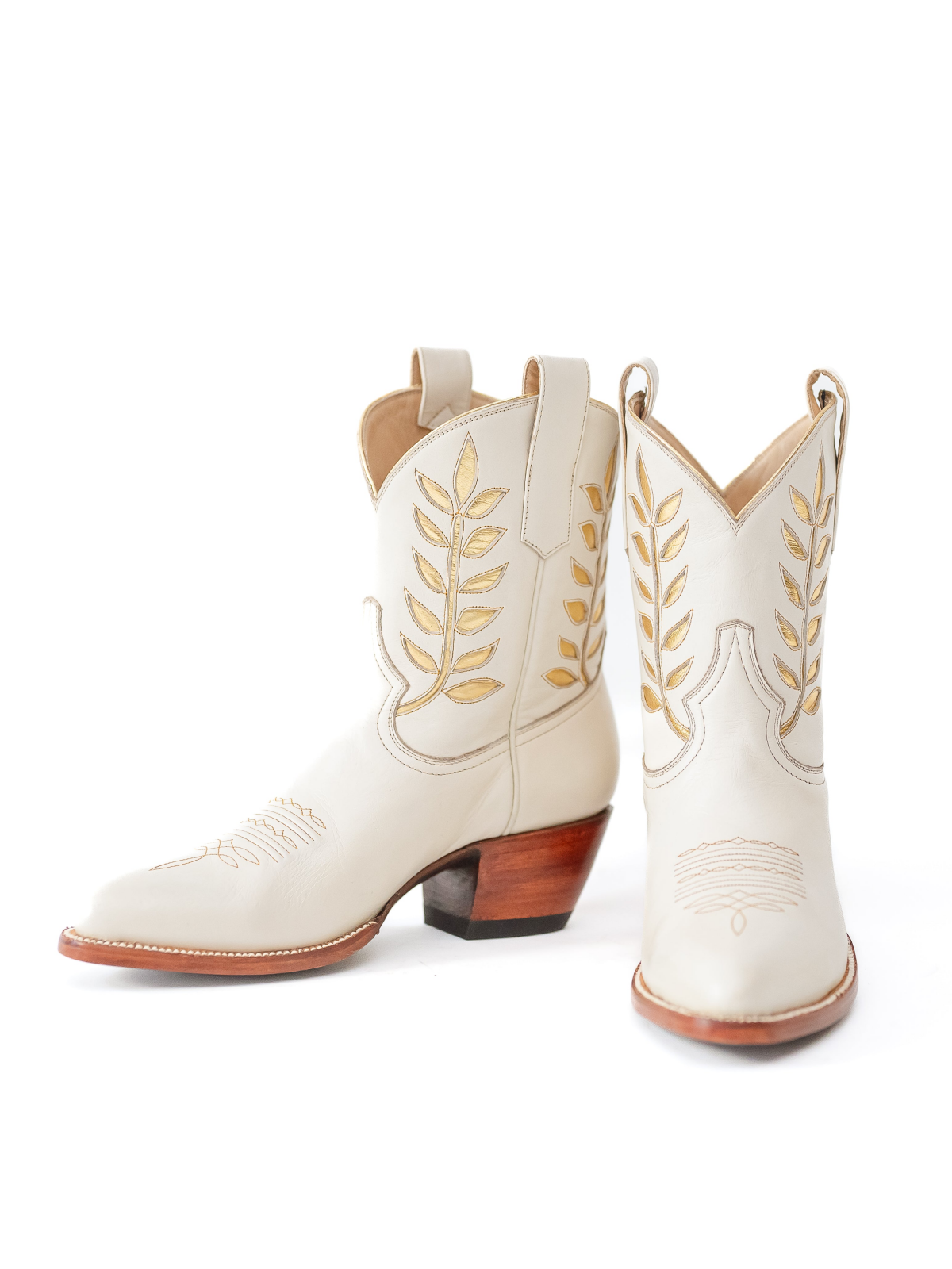 White Almond-Toe Metallic Gold Leaves Inlay Wide Mid Calf Cowgirl Boots