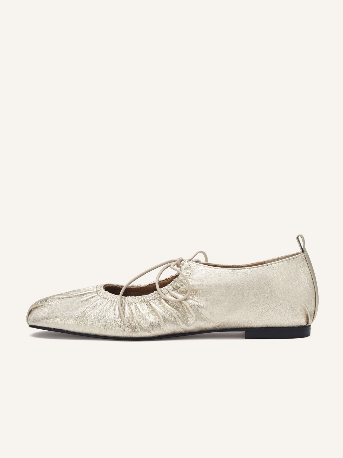 Metallic Gold Tied Bow Shirring Round Toe Ballet Flats