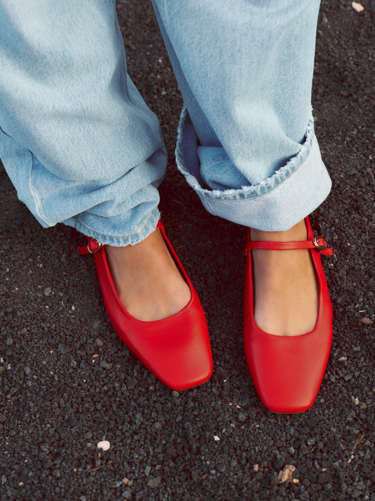 Red Vegan Leather Square-Toe Ballet Flats Mary Janes With Buckled Strap