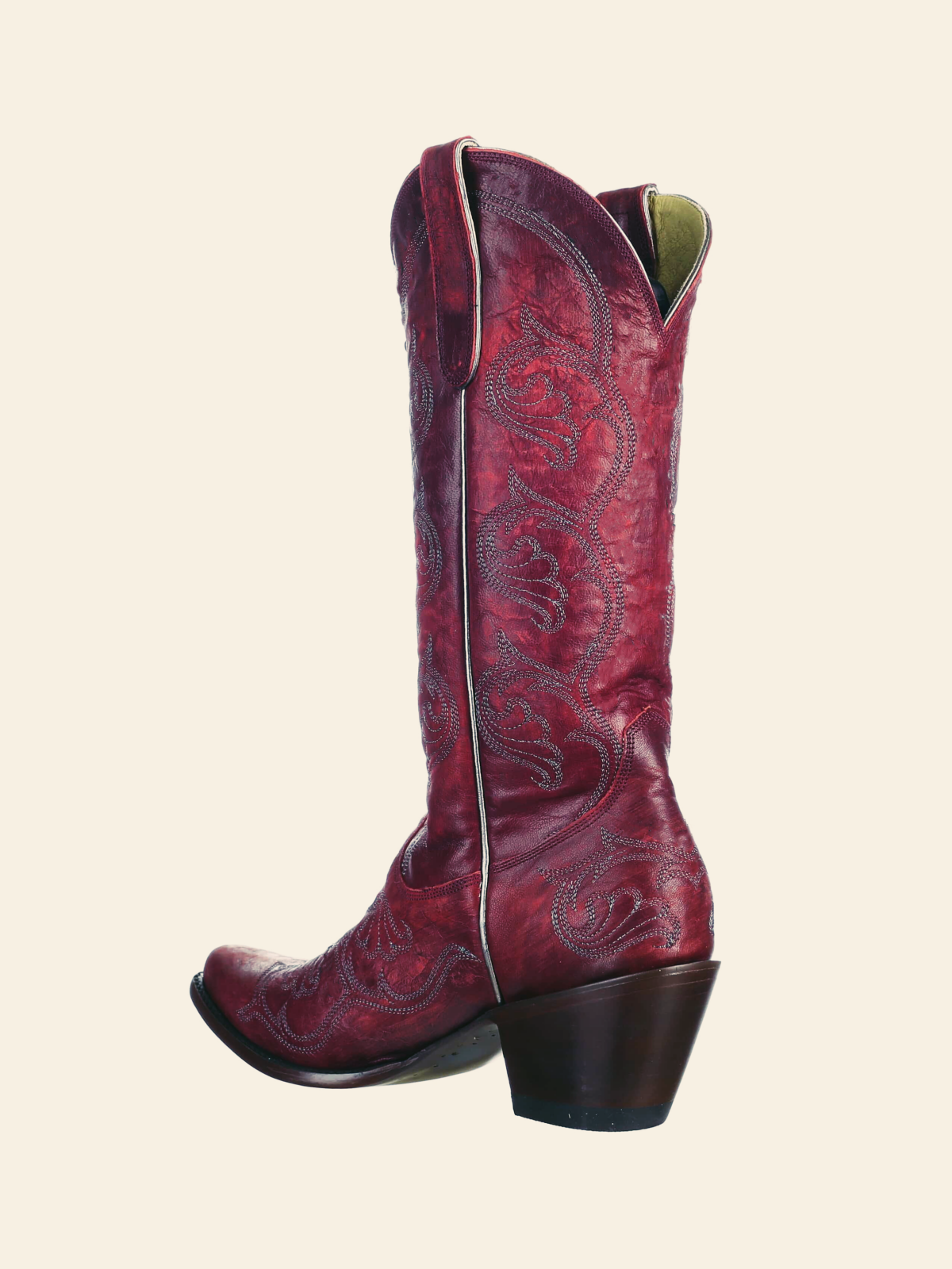 Crimson Red Distressed Embroidery Pointed-Toe Wide Mid Calf Cowgirl Boots Western Tall Boots