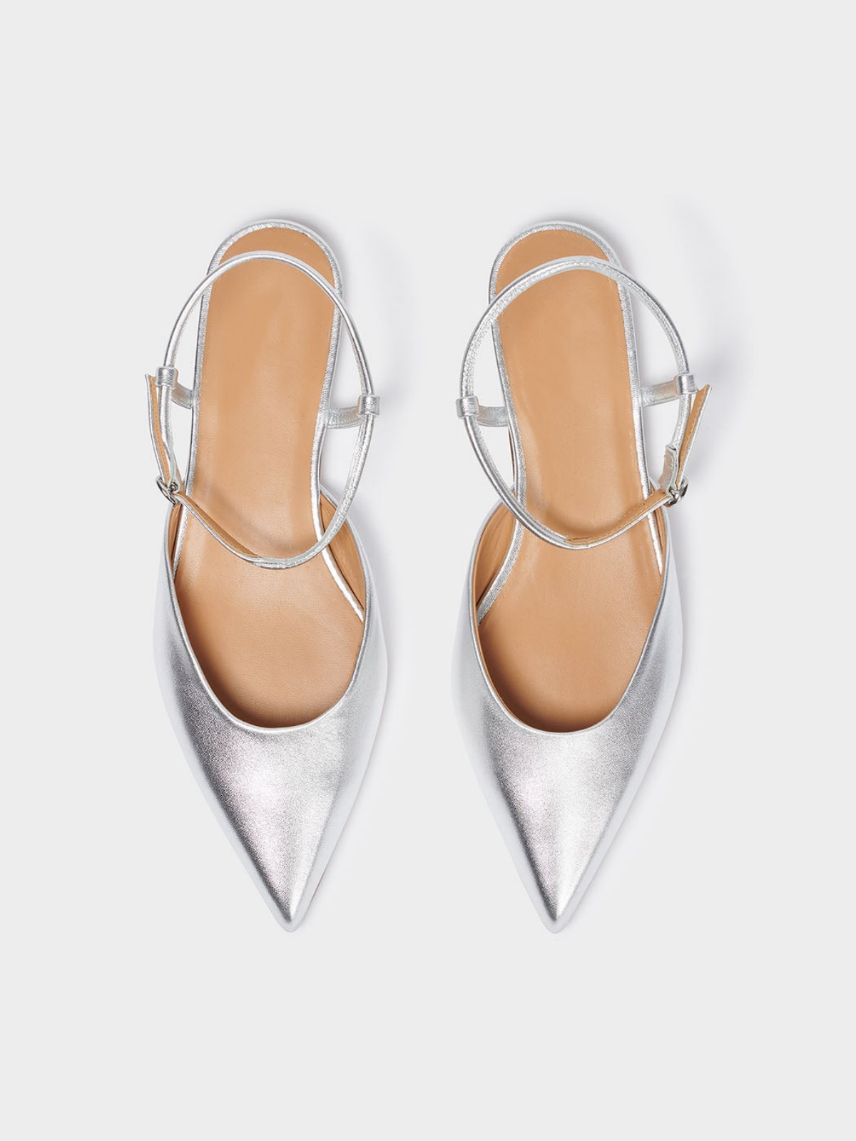 Metallic Silver Pointed-Toe Vegan Leather Flats With Ankle Strap