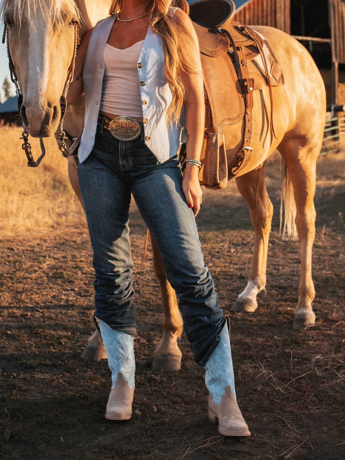 Contrast Tan Faux Suede And Powder Blue Square-Toe Embroidery Wide Mid Calf Tall Cowgirl Boots