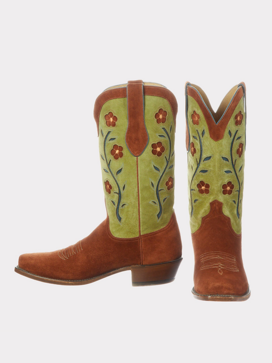 Floral Inlay Faux Suede Almond-Toe Wide Mid Calf Tall Cowgirl Boots - Contrast Green And Rust