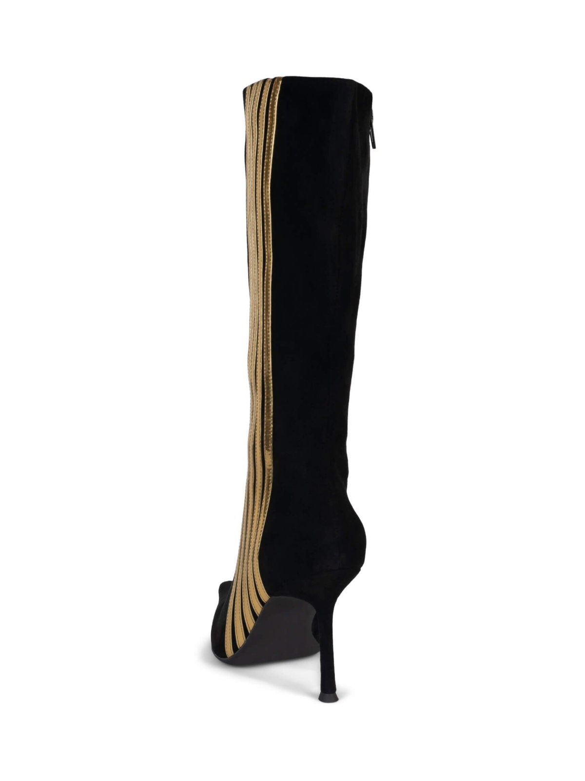 Black Pointed-Toe Mid Calf Full-Zip Stiletto Boots With Metallic Contrasting Stripe