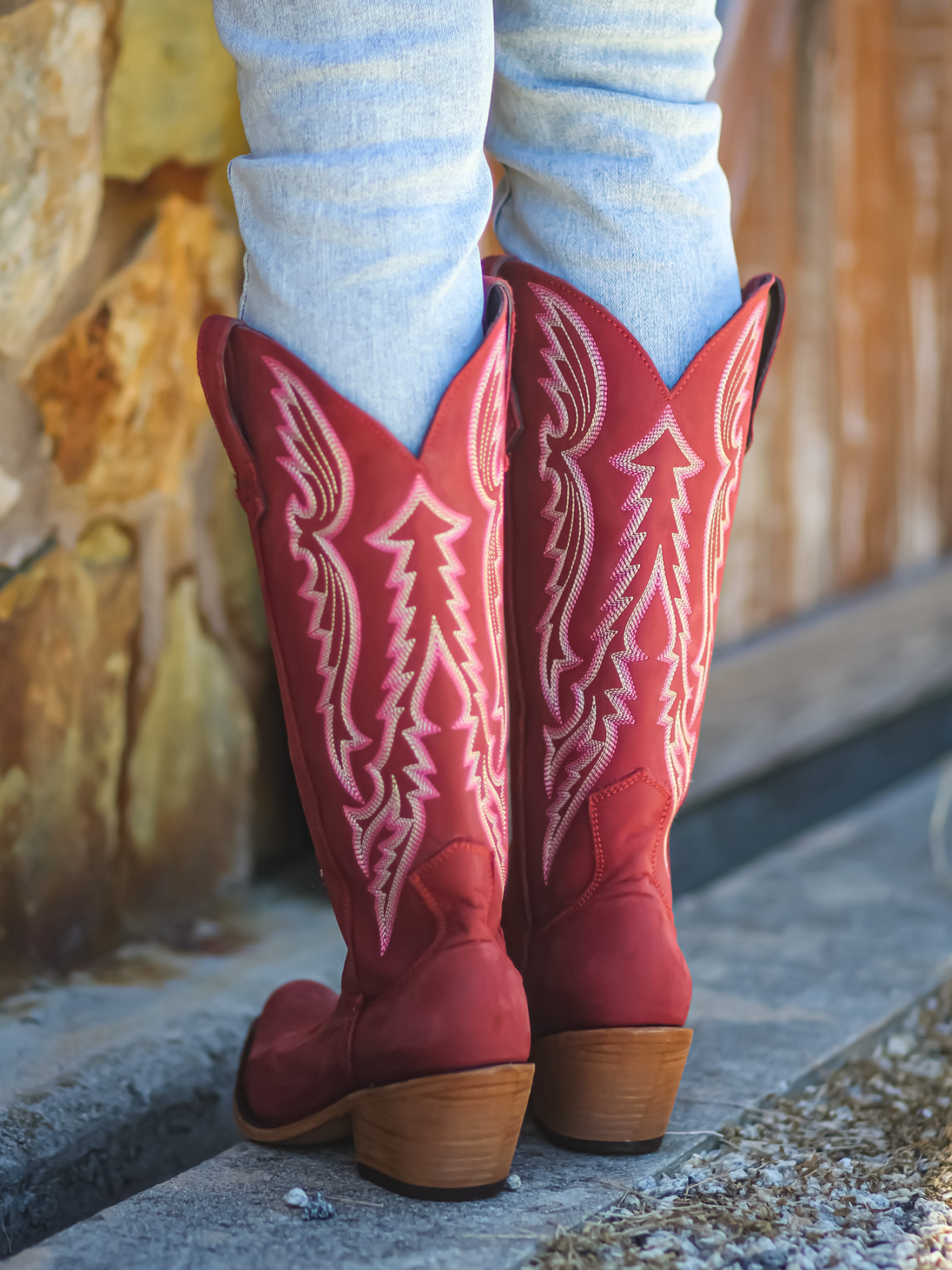 Star And Feather Embroidery Snip-Toe Wide Calf Tall Knee High Cowgirl Boots - Red