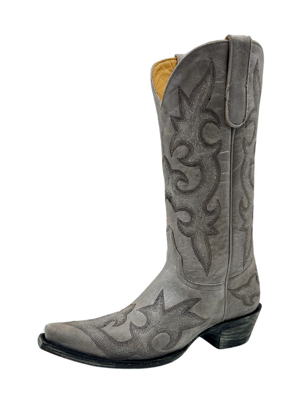 Distressed Silver Snip-Toe Embroidery Classic Wide Mid Calf Cowgirl Boots