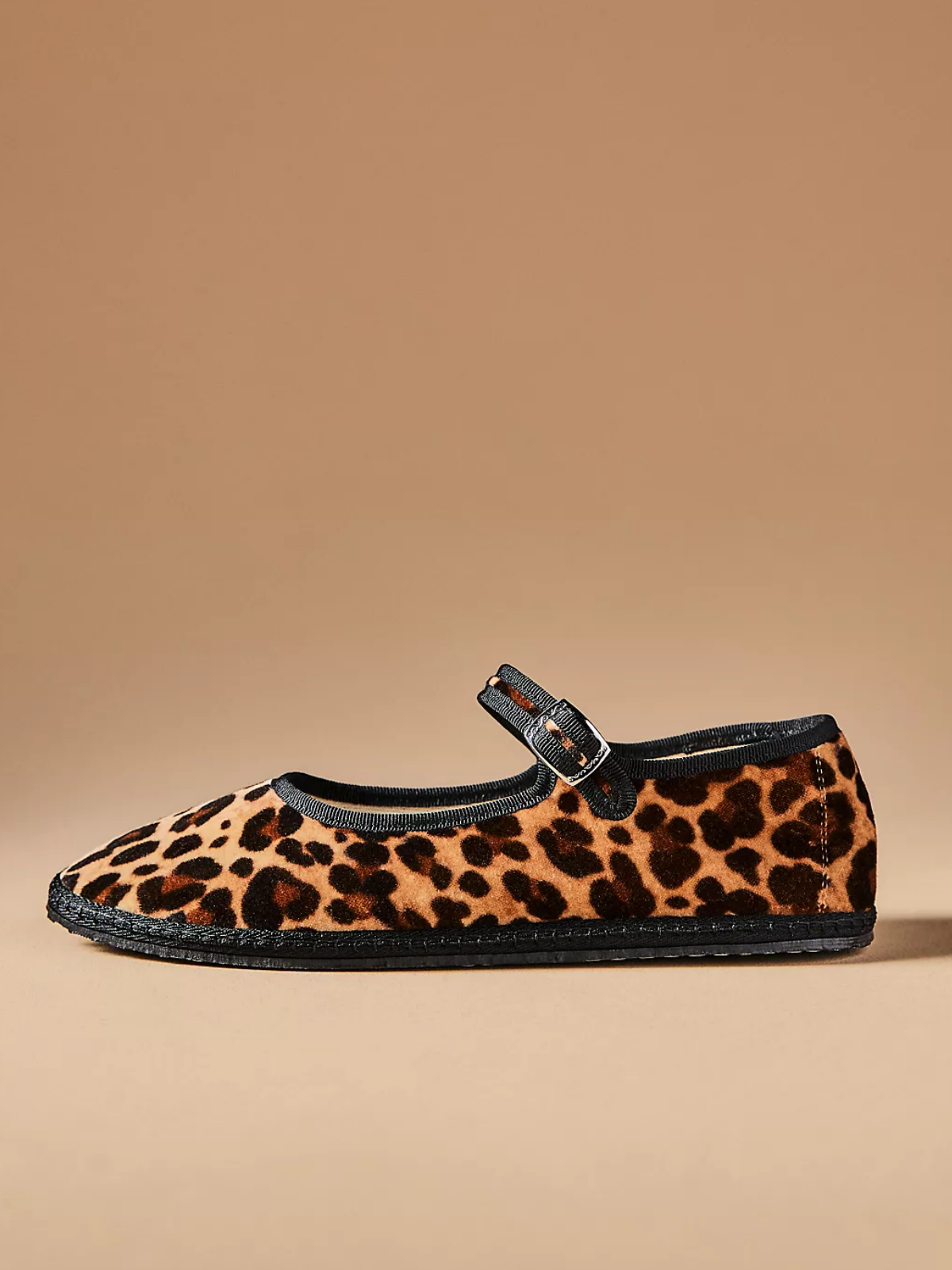 Leopard Velvet Fabric Round-Toe Bridge Buckle Mary Janes Flats