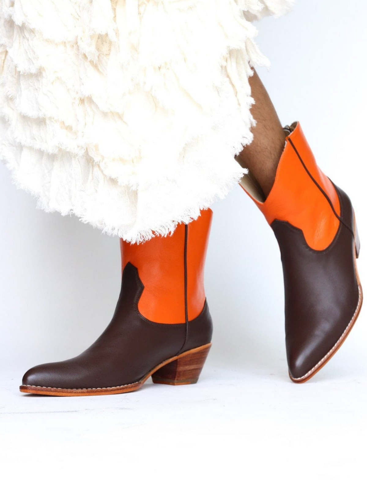 Contrast Chocolate And Orange Almond-Toe Back-Zip Mid Calf Cowgirl Boots