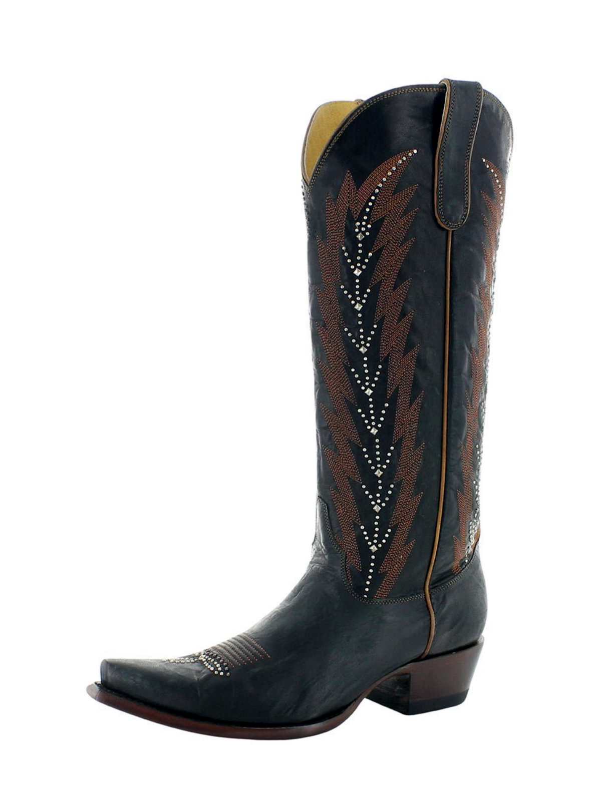 Black Snip-Toe Leaf Embroidery Studded Wide Mid Calf Cowgirl Boots