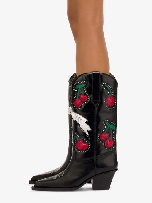 Black Snip-Toe Padded Cherry Inlay Studded Mid Calf Cowgirl Boots