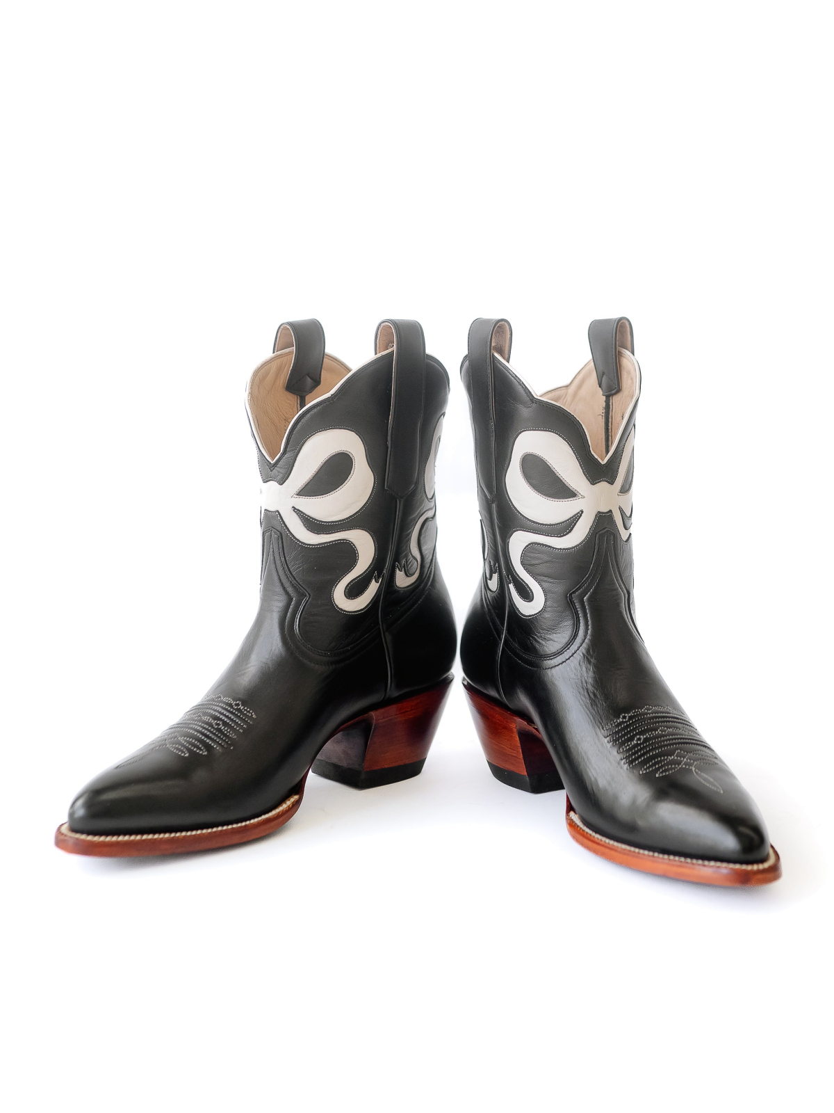 Black Almond-Toe Cowgirl Wide Mid Calf Boots With White Bowknot Inlay