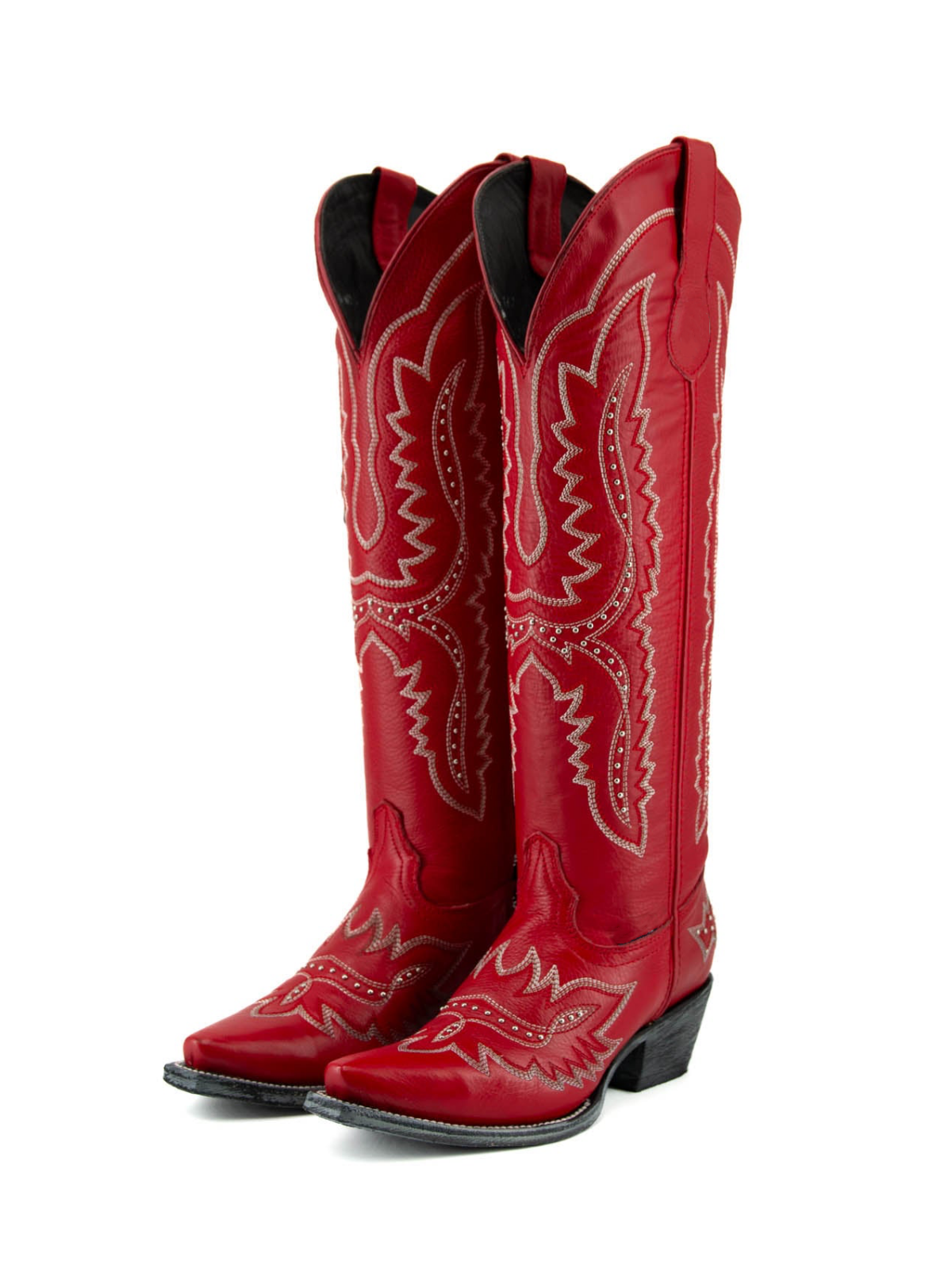 Red Studded Embroidery Snip-Toe Half-Zip Cowgirl Knee High Tall Boots