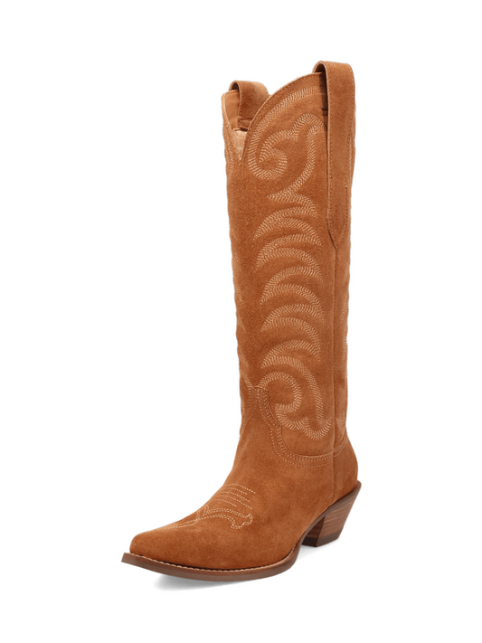 Snip-Toe Faux Suede Classic Embroidery Wide Mid Calf Cowgirl Boots - Camel