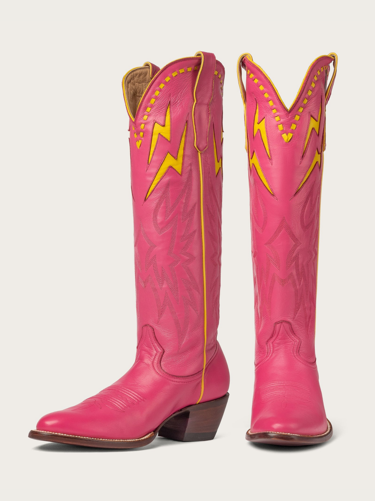 Yellow Lightning Inlay Stitch Embroidery Almond-Toe Wide Mid Calf Tall Cowgirl Boots - Fuchsia