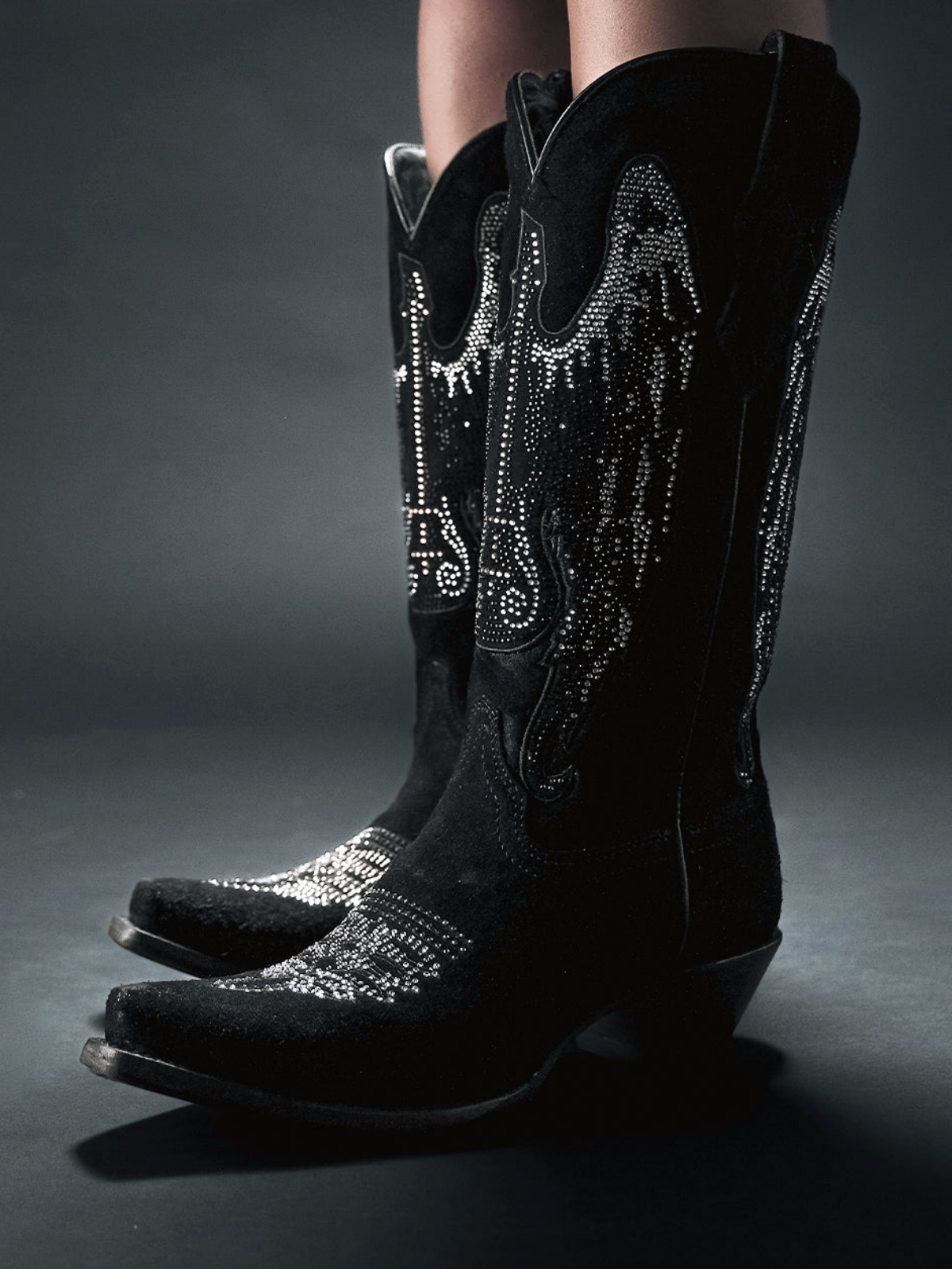 Black Faux Suede Snip-Toe Studded Rhinestone Wide Mid Calf Tall Cowgirl Boots