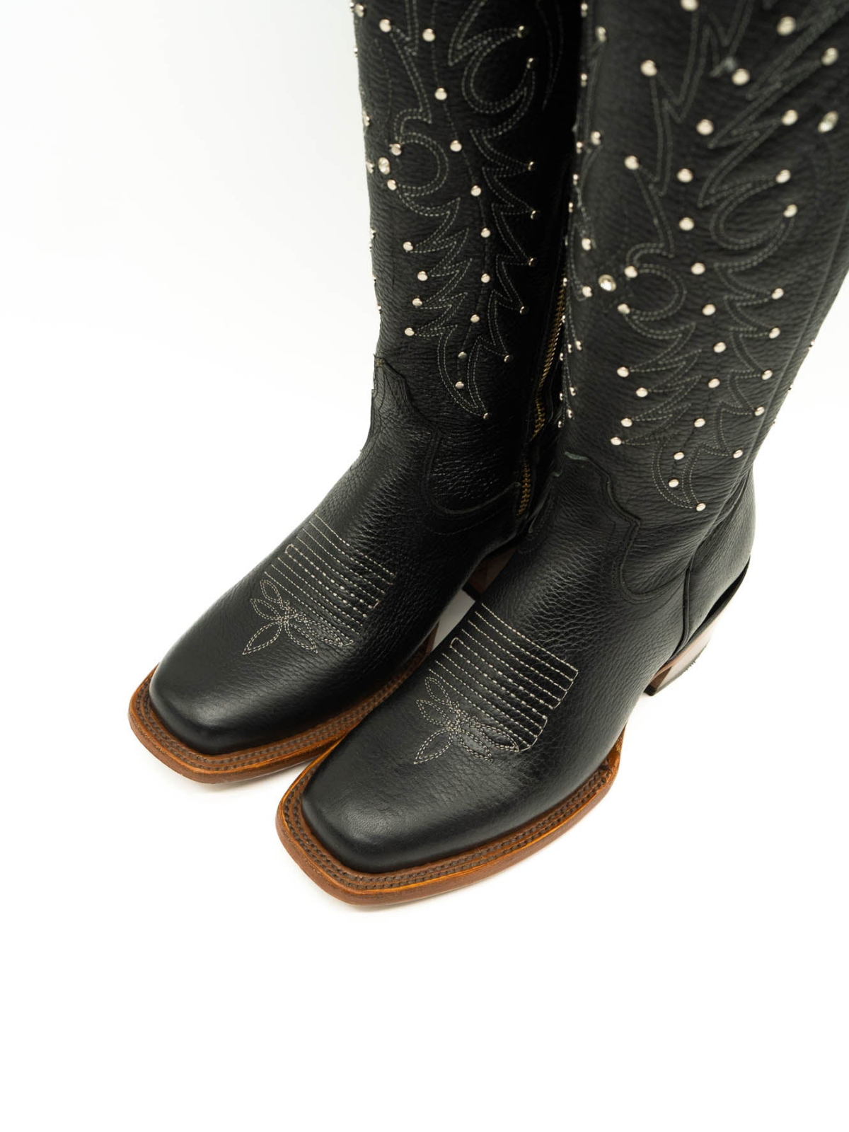 Studded Rhinestone Square-Toe Embroidery Half-Zip Tall Knee High Cowgirl Boots - Black