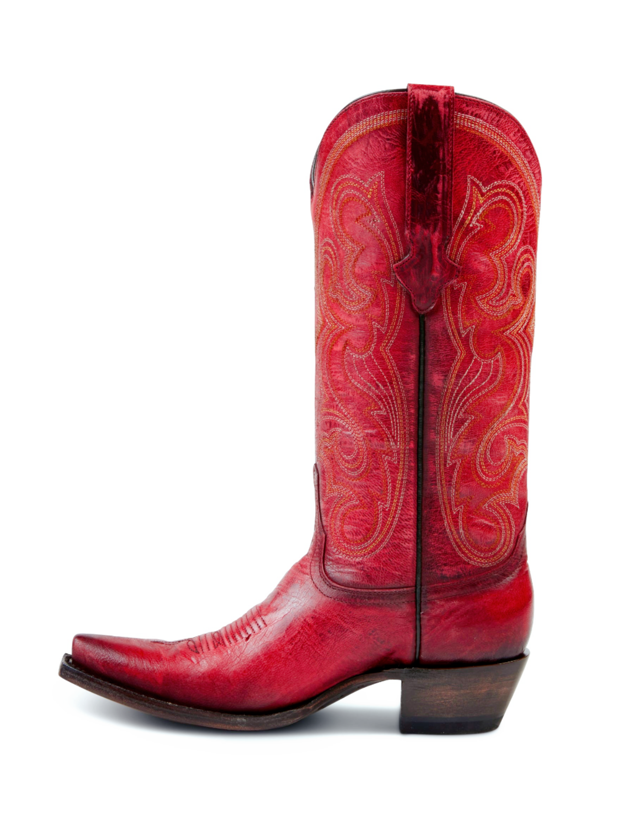 Distressed Red Embroidery Snip-Toe Wide Mid Calf Tall Cowboy Boots For Women