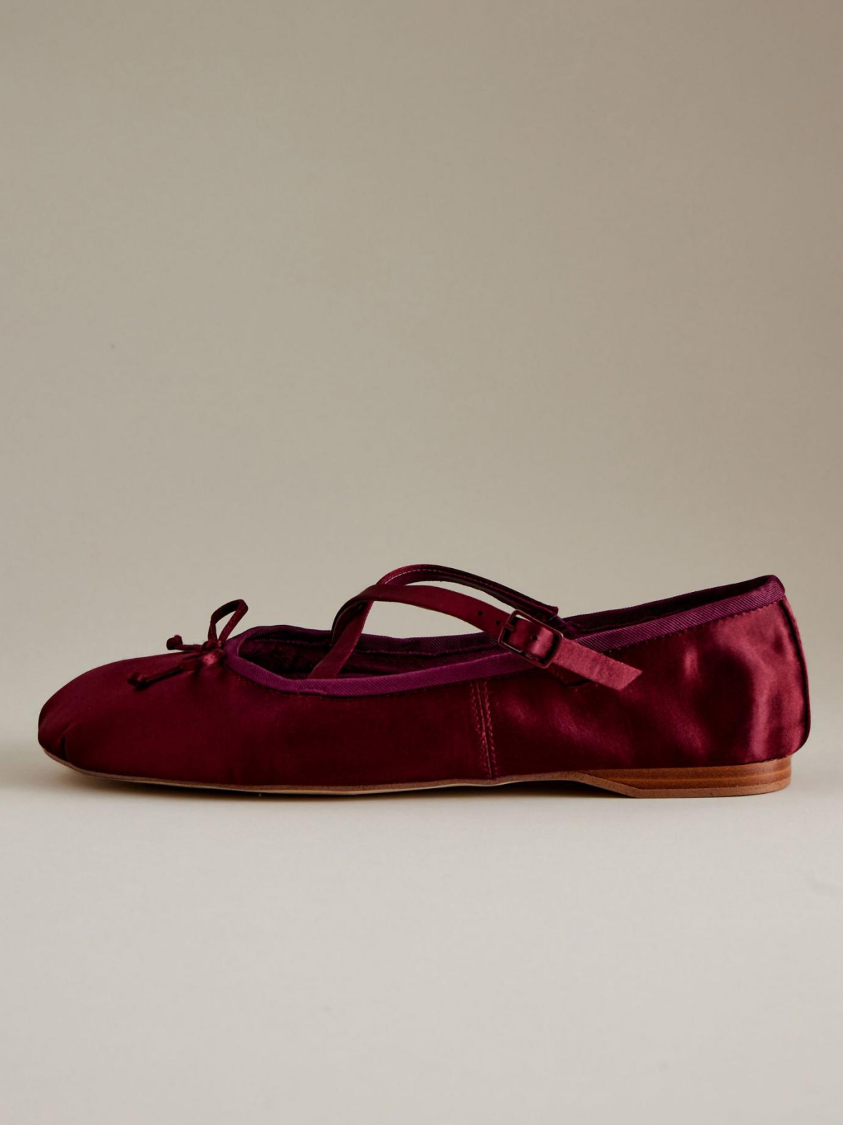 Satin Wine Red Bow Ballerina Flats With Crossed Buckled Strap