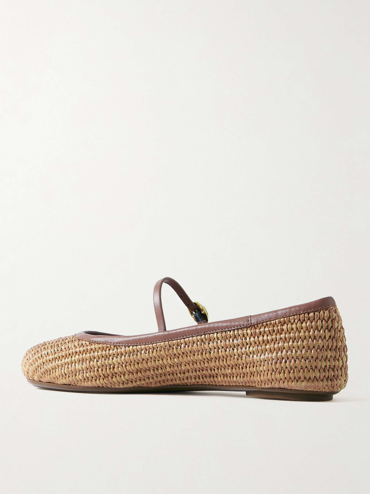 Tan Raffia Woven Ballet Flats Mary Janes With Buckled Strap