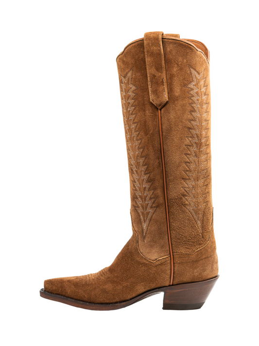 Cognac Faux Suede Snip-Toe Embroidery Wide Mid Calf Tall Cowgirl Boots